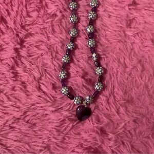HANDCRAFTED NECKLACE 16” PURPLE WITH STONE HEART SOFT PURPLE FLOWER, GLASS BEADS
